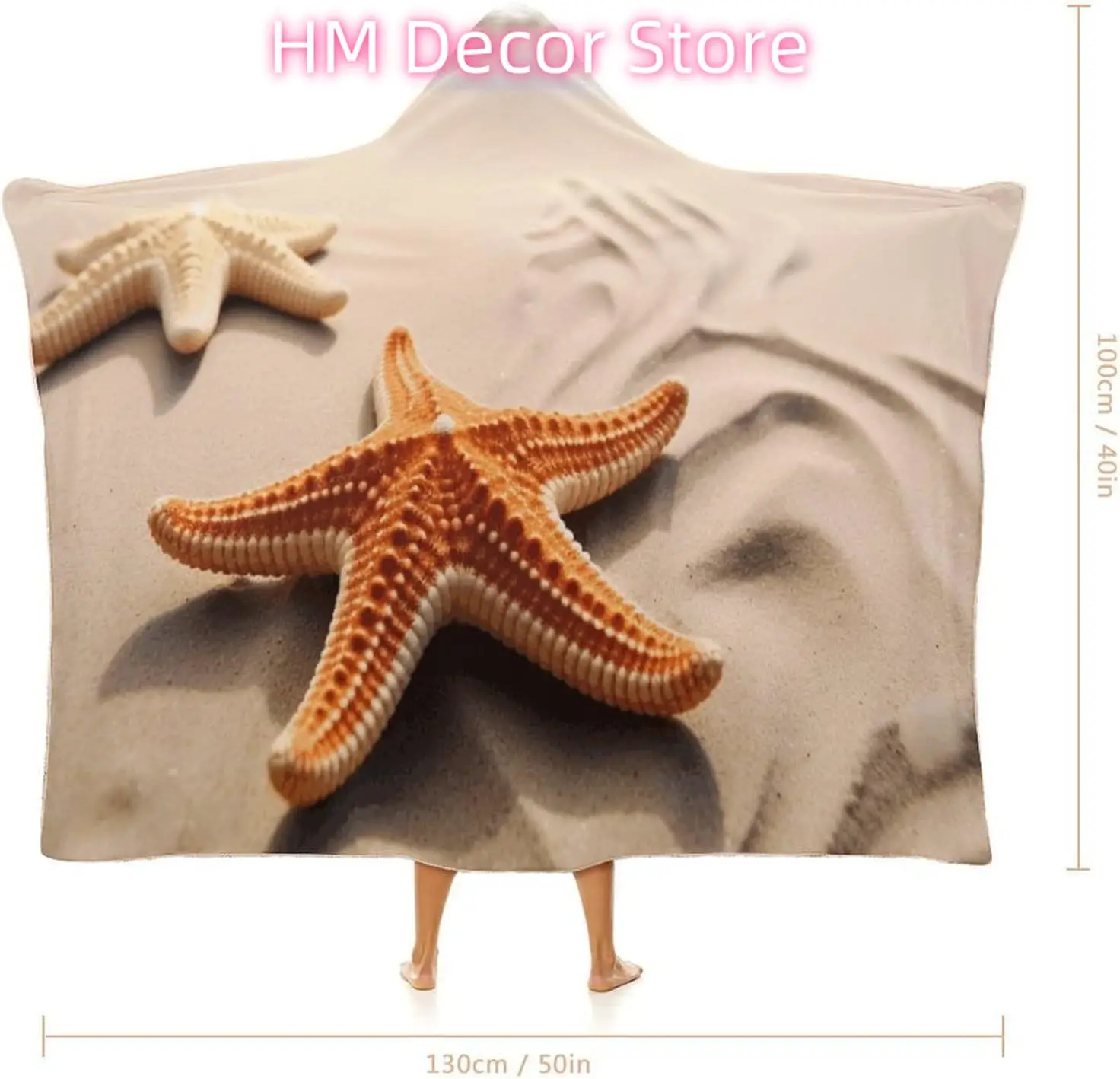 Starfish on The Sand Beach Wearable Hooded Blanket, Ultra Soft Arctic Velvet Cape Cloak Unisex - Cozy Wearable Blanket