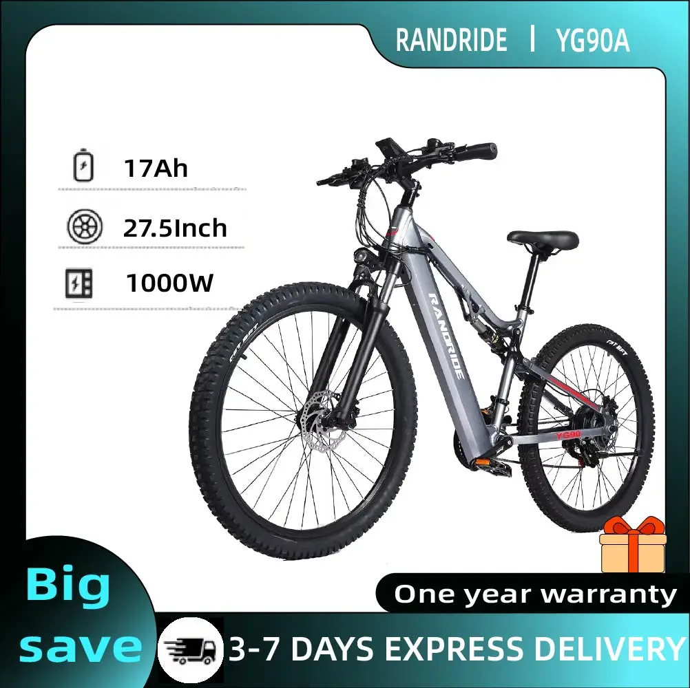RANDRIDE YG90A Vélo électrique Moteur 1000W Vitesse maximale 45 km/h Autonomie maximale 70-90 km Pneus CST 27,5'' Frein à disque hydraulique