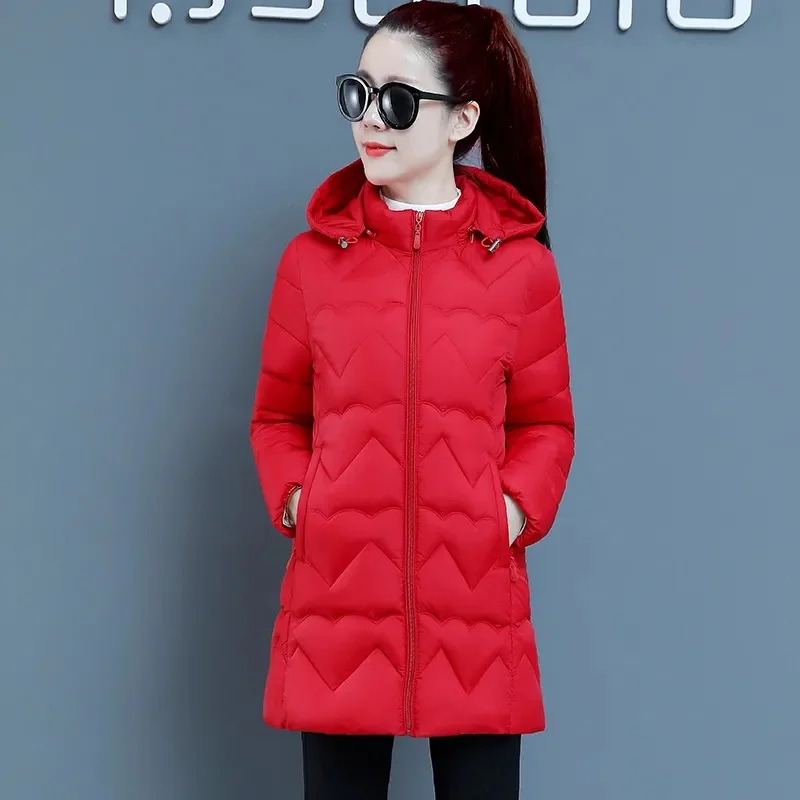 Women Jacket Parka Ultra-light Thin Down Cotton Coat 2025 Autumn Winter Slim Mid Long Hooded Warm Women Outerwear Clothing 6XL