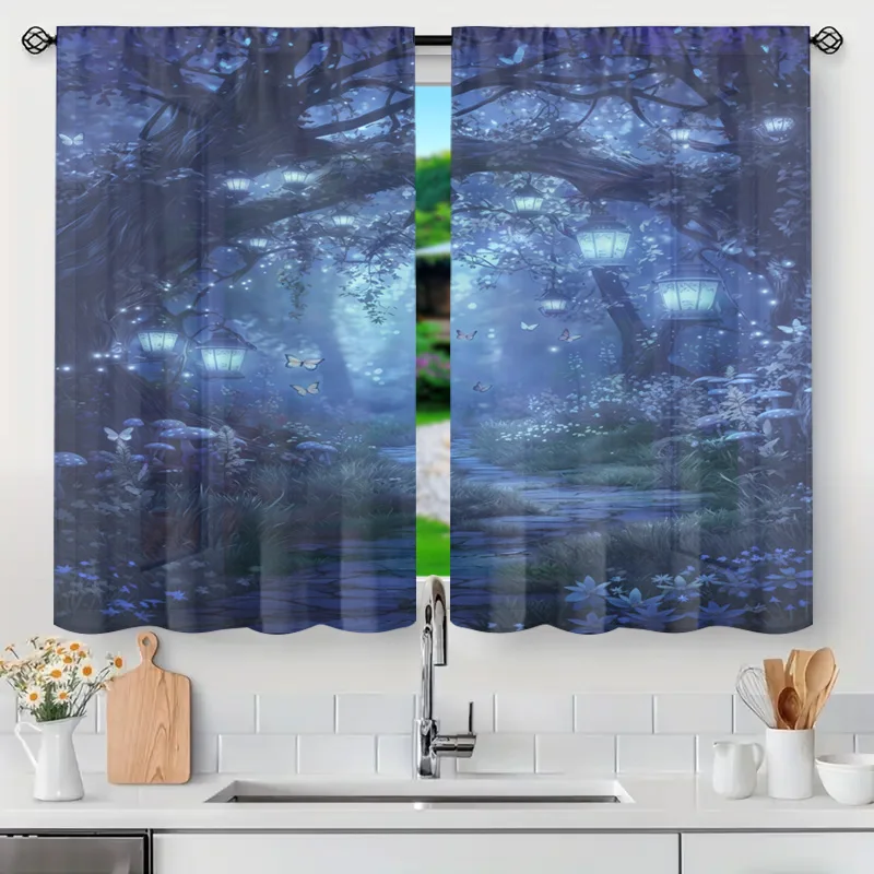 Enchanted Forest Blue Glow Curtains Semi Sheer Window Treatment Magical Lights Curtain Panel Home Decor Drapes for Living Room B