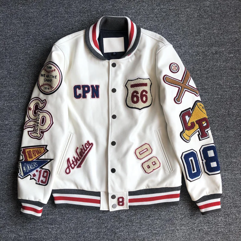 Men\'s spring and autumn baseball uniform Y2K retro trend leather jacket heavy industry embroidery white short coat ins hot sale