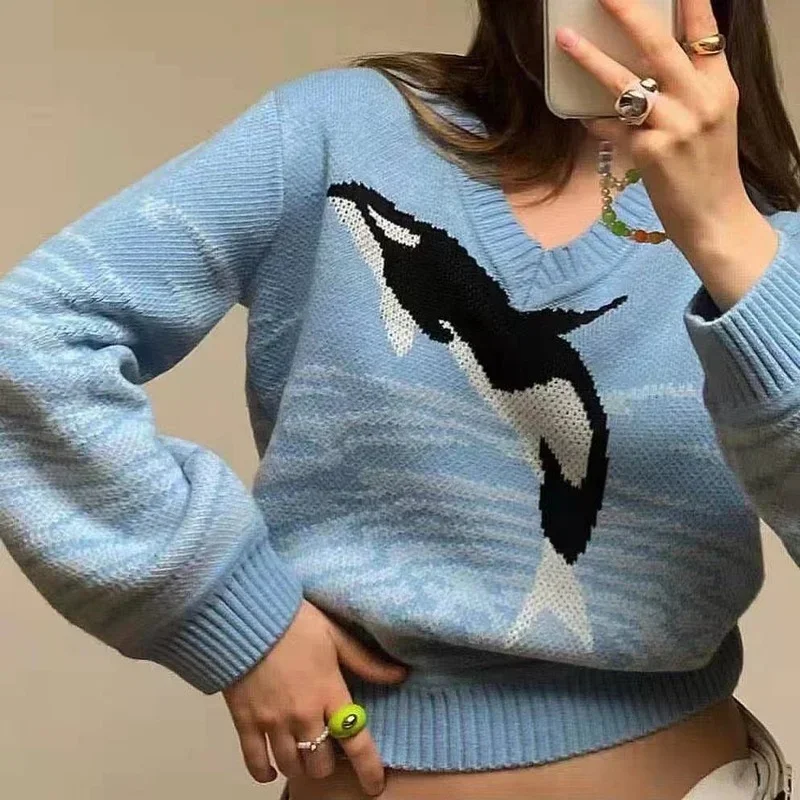 

Dolphin Print Sweaters Women V-Neck Y2K Pullover Winter Knitted Sweater Blue Oversized Chic Tops Fashion Streetwear Loose Jumper