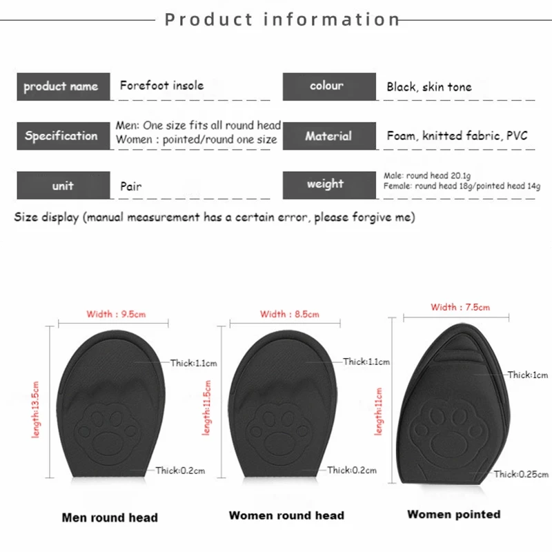 1 Pair Women Pain Relief Forefoot Insert Half Insoles Non-slip Sole Shoe Cushion Reduce Padded Front Foot Pads for Shoes Inserts