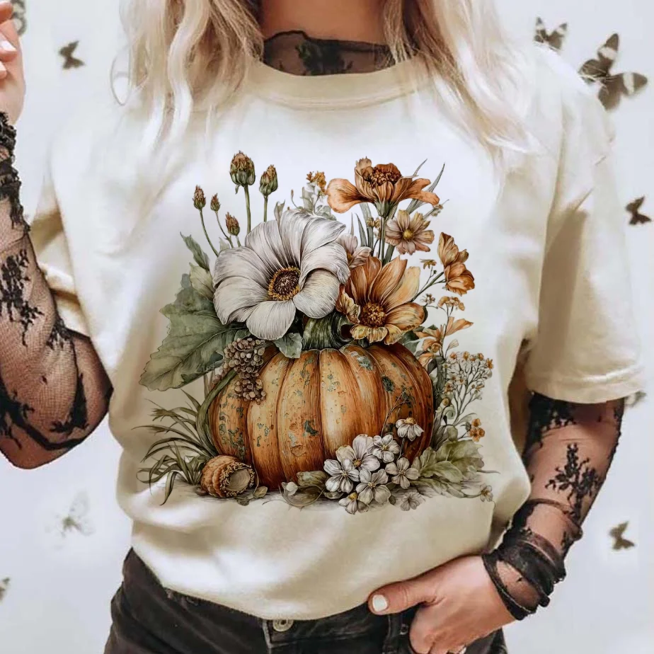

Printed Flower Country Pumpkin Pattern T-Shirt Casual Top Round Neck Style Women's Short Sleeved Cute Street Regular T-Shirt