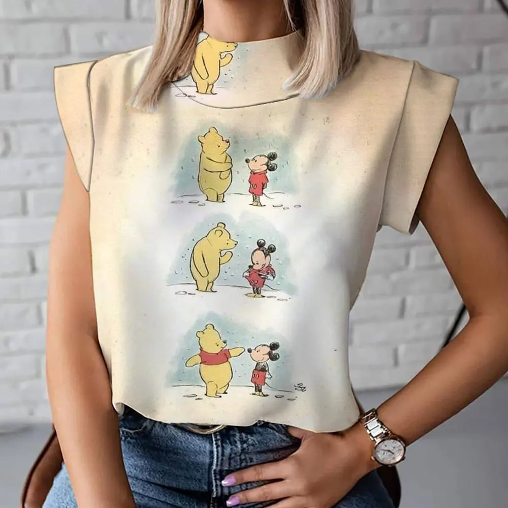 New Harajuku bottoming shirt casual and versatile cute Winnie the Pooh cartoon print summer women\'s high collar T-shirt vest