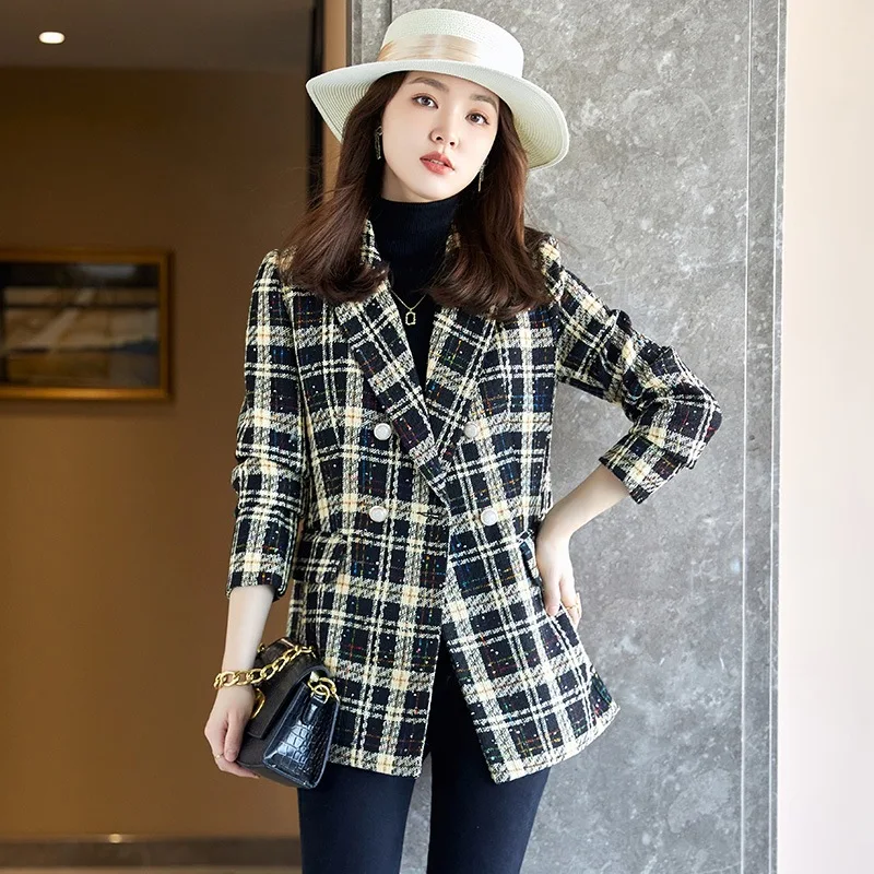 Autumn and Winter New Casual Elegant Small Suit Plaid Coat Women\'s Korean-Style Loose Girl Top