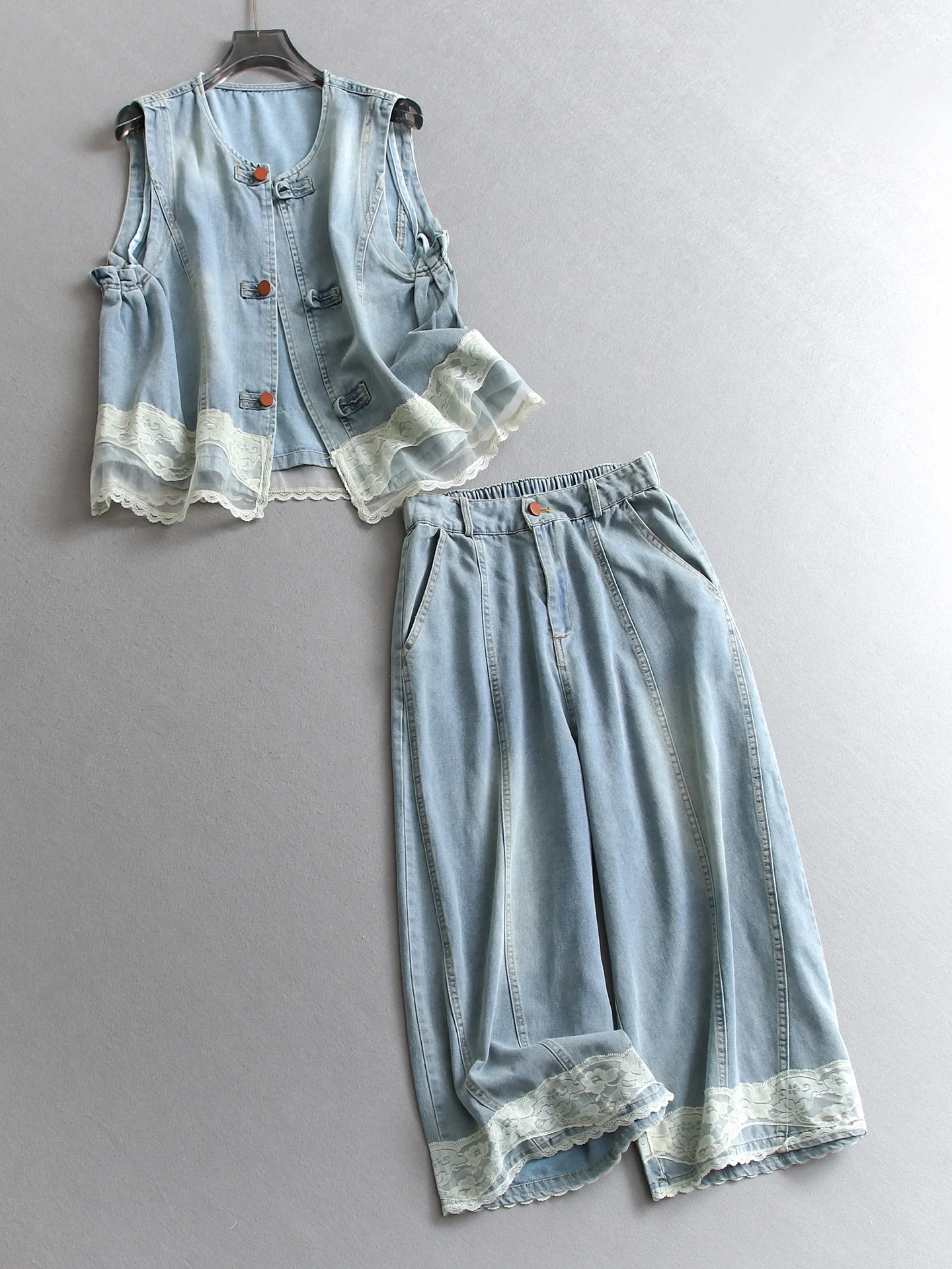 High Waist Lace Patchwork Denim Vest And Nine Point Pants Women's Fashion Set Casual Loose Fit round Neck Button up Top