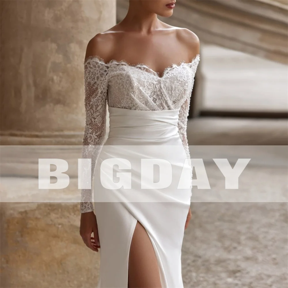 فستان زفاف أنيق من الدانتيل بأكمام طويلة حورية البحر ورقبة على شكل حرف v قبالة الكتف ورباط علوي فستان زفاف فيستدو دي نويفا مخصص