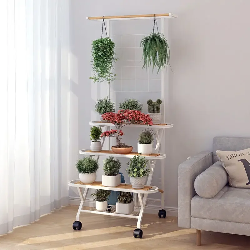 

Iron art movable flower rack with wheel storage rack, staircase living room, floor standing multi-layer flower rack balcony