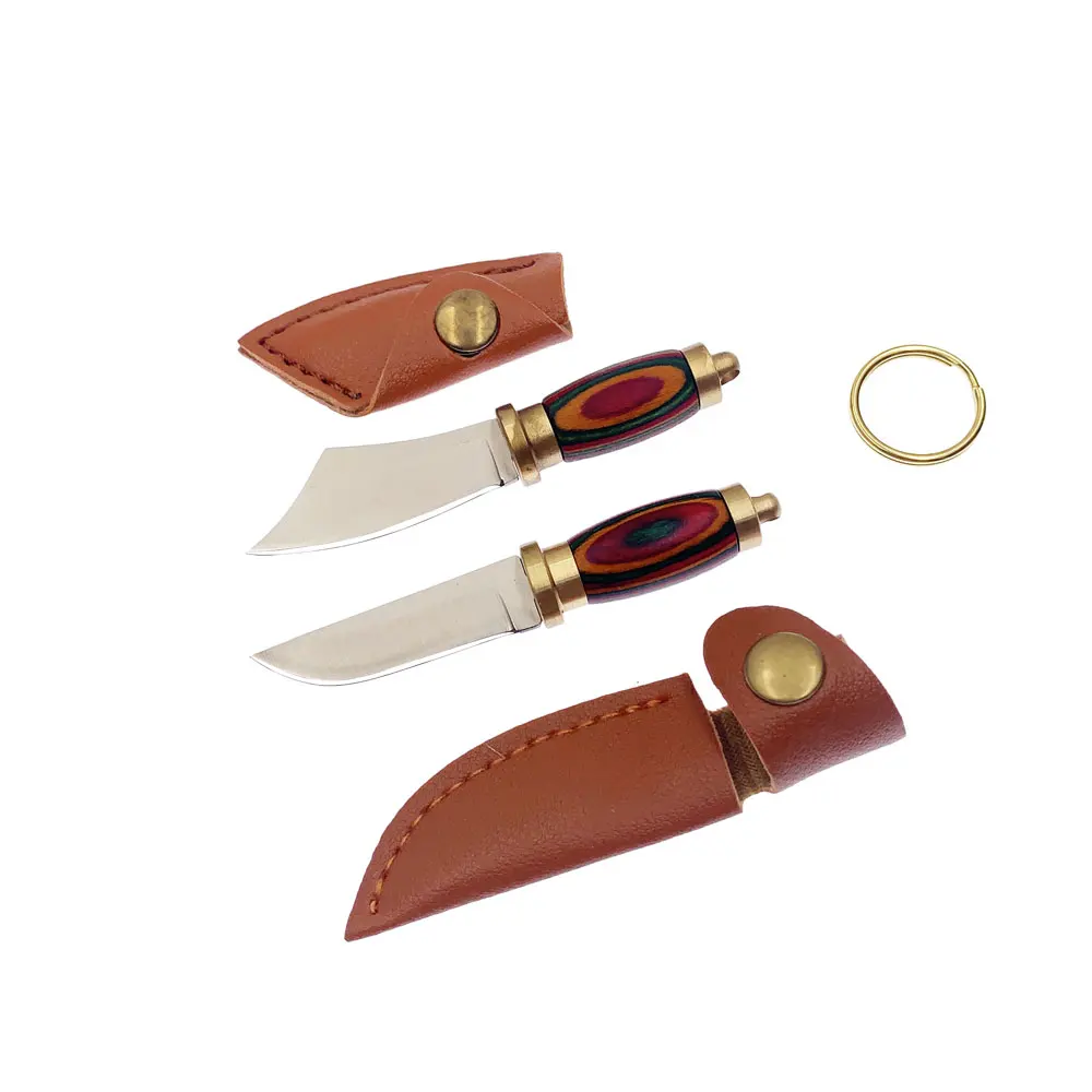 Stainless Steel Blade Brass Colored Wood Mini Fixed Knife Sharp Small Carry Key Chain Pendant Letter Cutter EDC Tool