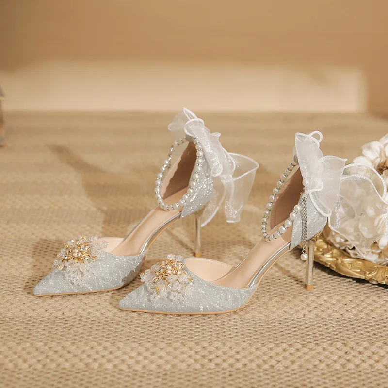 Size 31-43 Spring 2024 New Silver Bridal Shoes High Heel Wedding Shoes Sequins Pointed Toe Bow Shoes Women