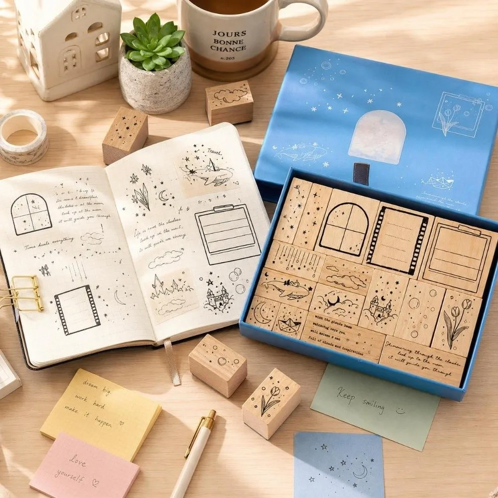 16pcs Clear Imprint Wooden Rubber Stamp Set Moon Cloud Scenery Delicate Carving Decorative Wood Stamp Rectangle Stamp Set