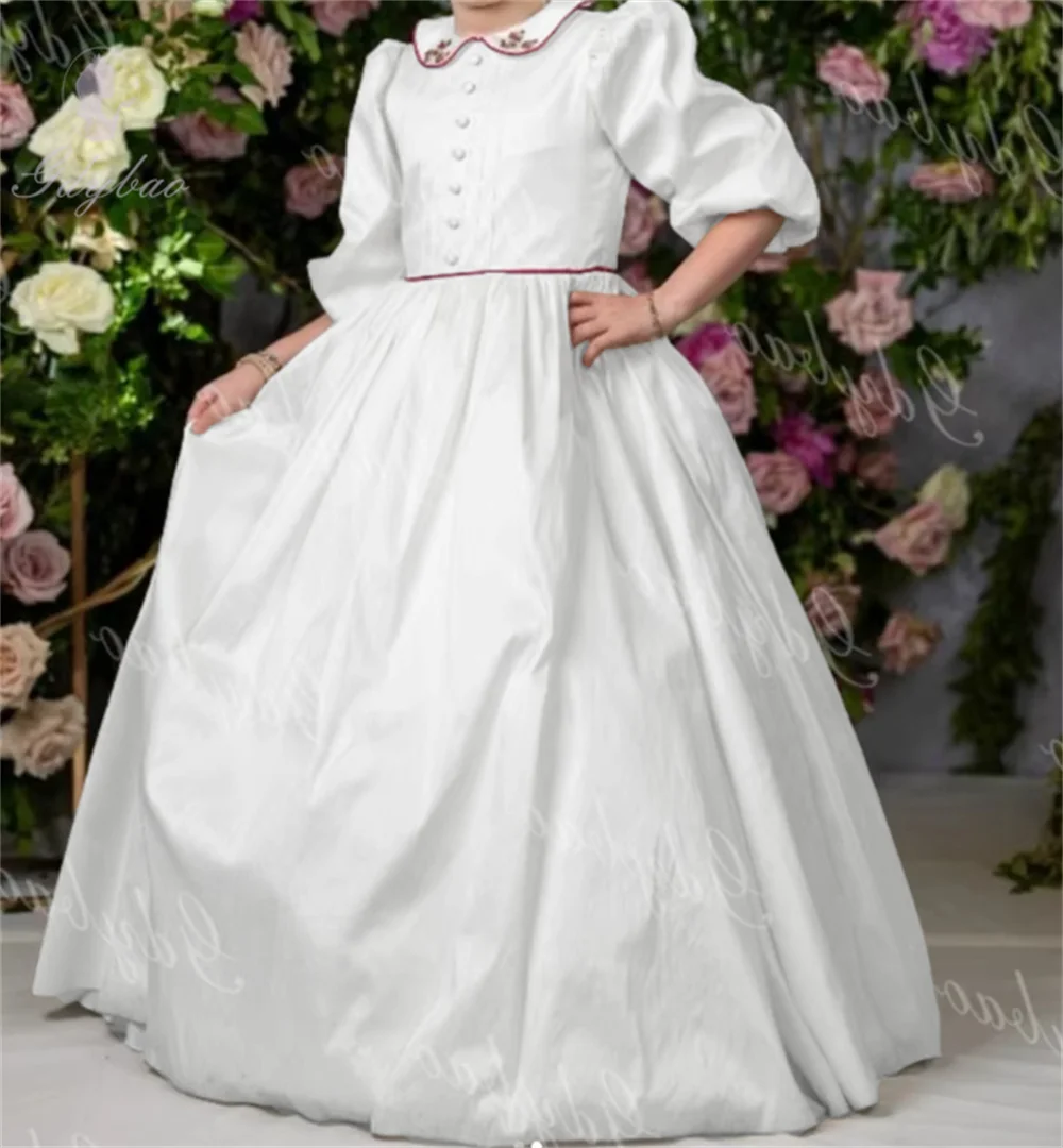 Custom Flower Girl Dress Embroidered Collar Satin Elegant First Communion Children's Birthday Party Junior Bridesmaid Dress