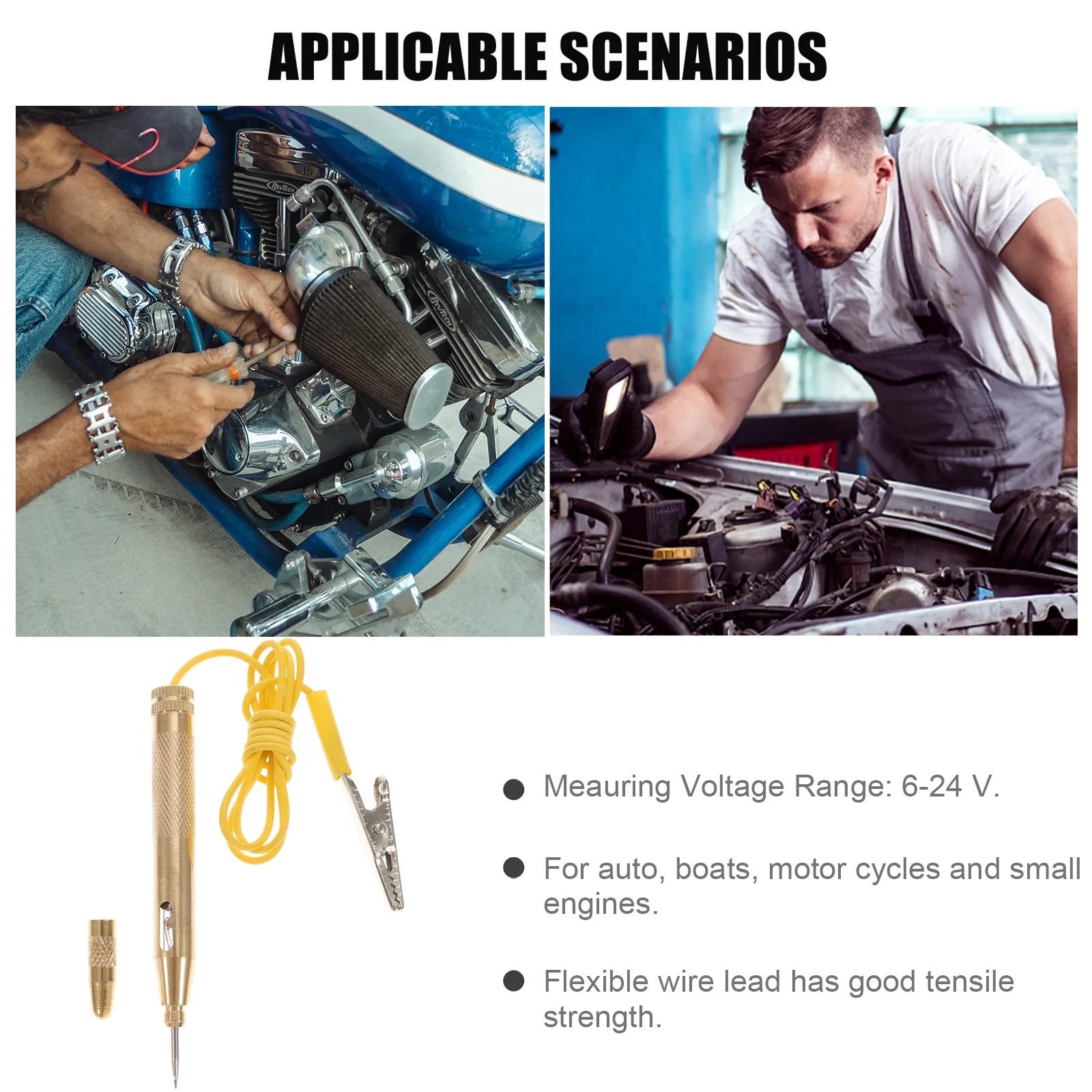 

Car Voltage Tester 6-24V Vehicle Test Pen for Auto Boats Motorcycles Small Engines Flexible Wire Lead Protective Clip