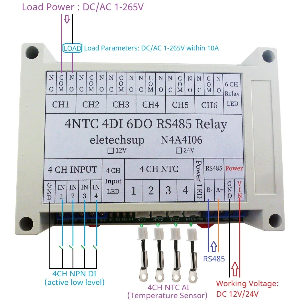 DC12V 24V Modbus RTU Relay Module 4CH NTC Temp Input 4CH Opto-isolated Input 6CH 10A Relay DIN Rail Mount