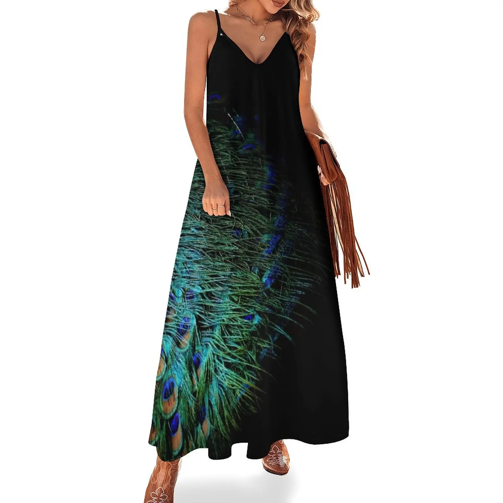 Peacock feathers on a black background Sleeveless Dress Woman clothes dress women summer