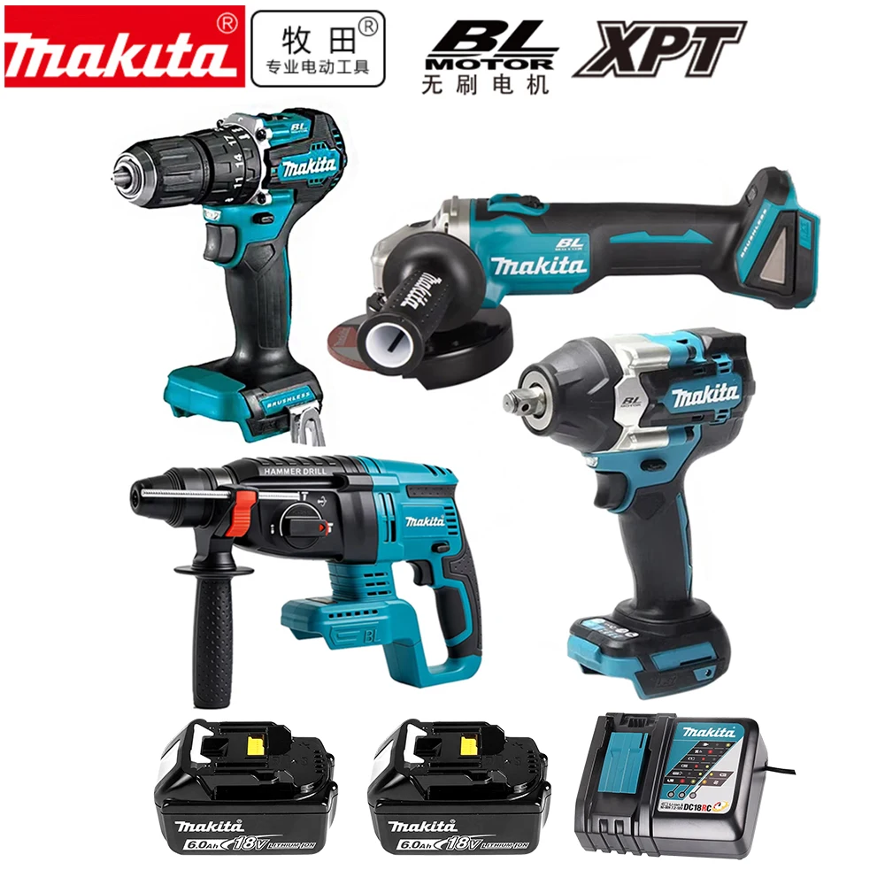 Zestaw elektronarzędzi Makita 18V, czteroczęściowy, DDF487 DTW700 DGA404 DHR242, zestaw kombinowany z akumulatorem litowo-jonowym i ładowarką, pełny zestaw warsztatowy
