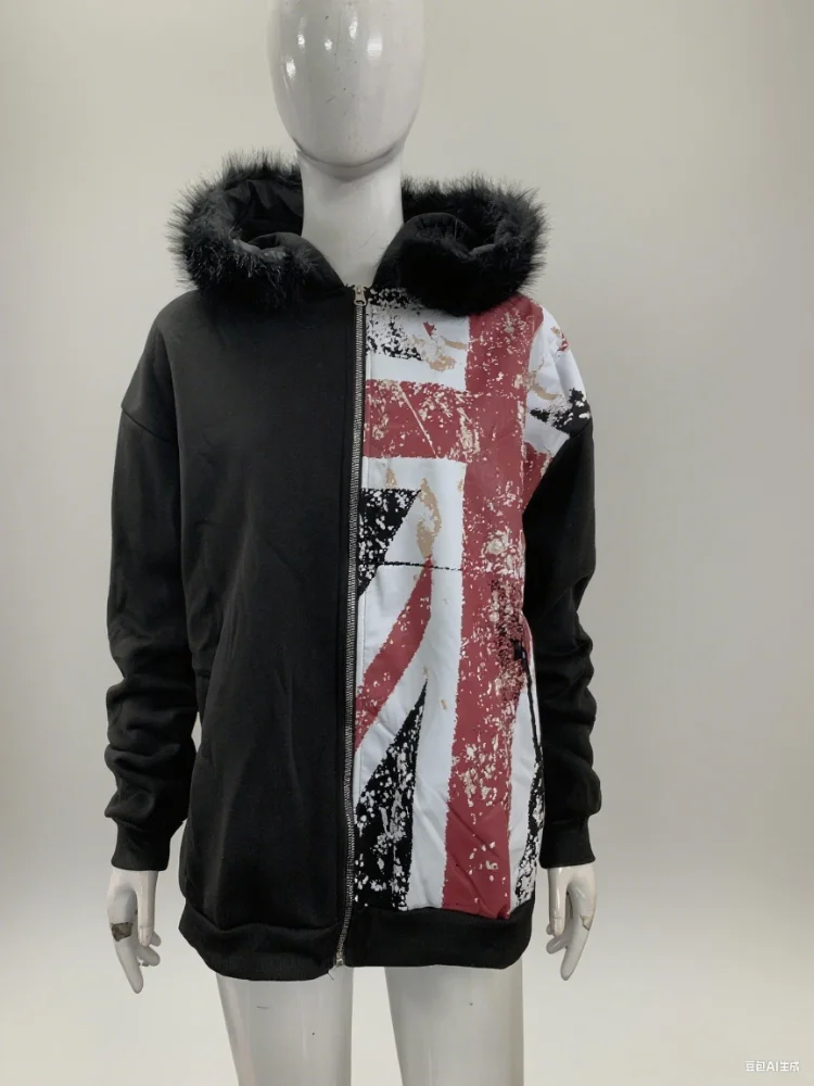 

2025 fur collar printed zipper sweatshirt long sleeved pullover hoodie retro jacket street trend ins