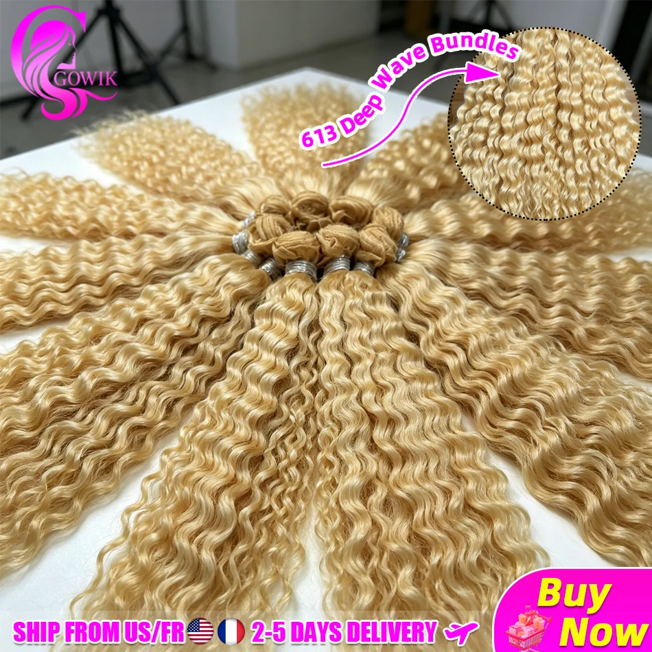 613 Human Hair Bundles Deep Wave 1/3/4 Bundle Blonde 22 24 26 28 Inch Color 613 Bundles Human Hair Extension 65g Single Bundle Double Weft Unprocessed Brazilian Virgin Hair