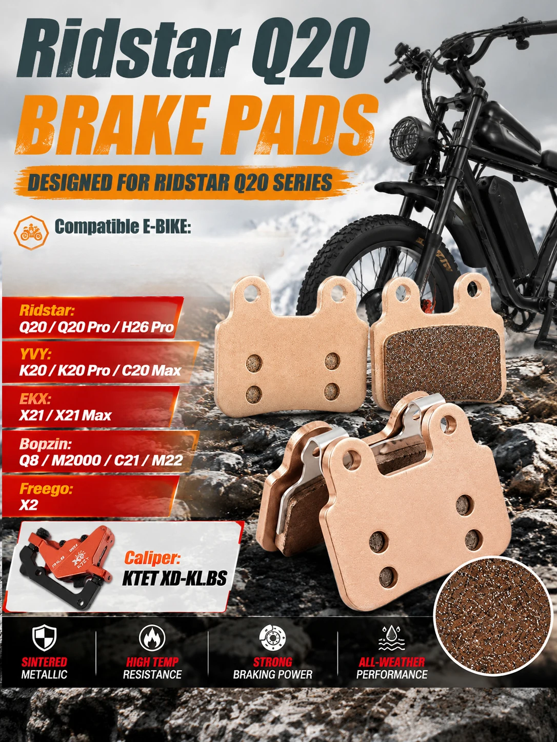 AliExpress NONE Ridstar Q20 Sintered Brake Pads Max Cooling for YVY EKX Bopzin Freego KTET XD-KL.BS Ebike Hydraulic 2 Piston