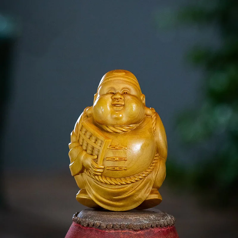 XS737- 6CM Tall Wealthy Man Boxwood Sculpture Feng Shui Wood Carving Statue Collection Ornaments