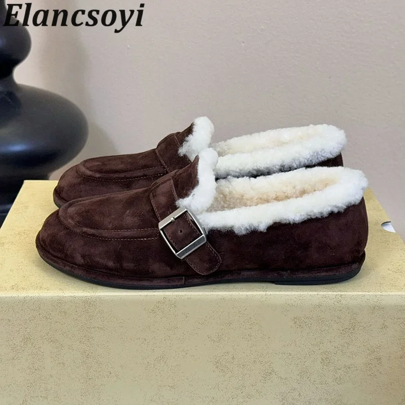 Flat Shoes Women's Cow Suede Belt Buckle Decor Single Shoes Round Toe Plush Lining Keep Warm Walking Shoes Winter Retro Loafers