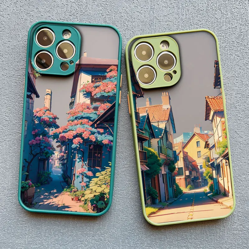 Japanese Aesthetic City Street Scenery Phone Case For iPhone 16 13 12 Pro Max Mini 11 14 Pro Max 15 7 8 Plus SE XS X XR Cover