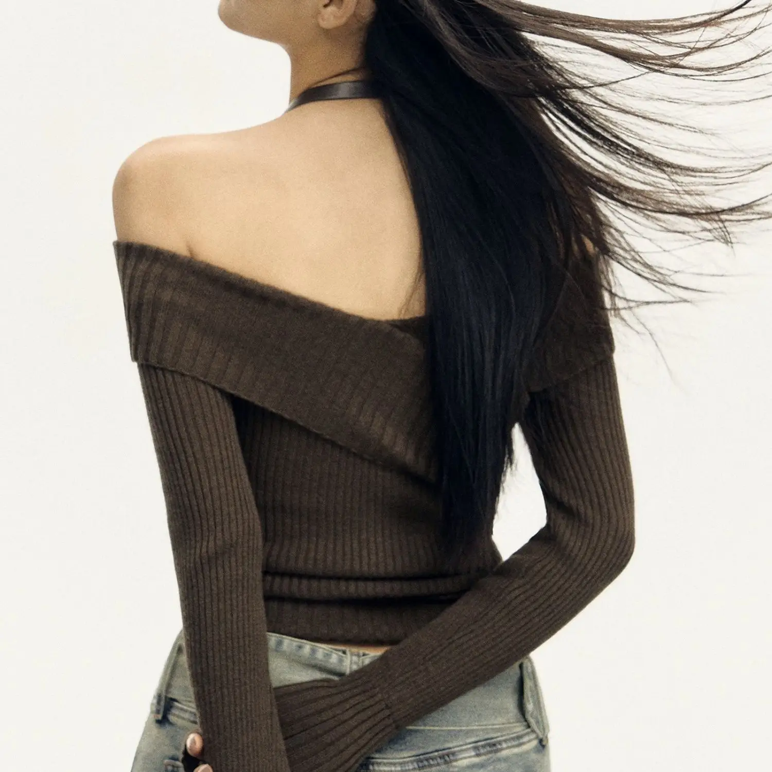 Women's Belt Hanging Neck Knitted Sweater Retro Y2k Autumn Winter Sexy Slim Fit Design Tops Korean One-Shoulder Crop Pullovers