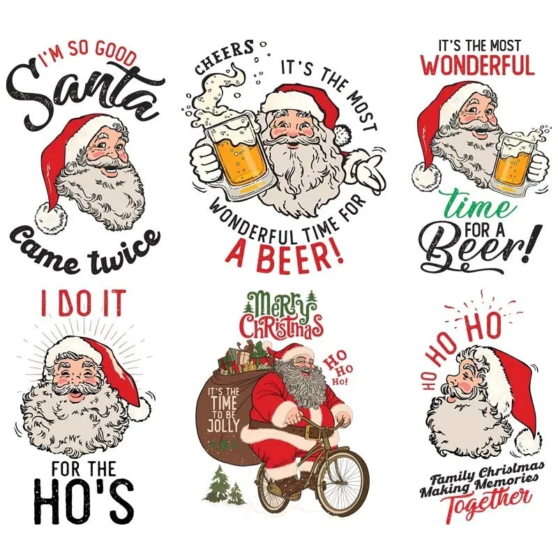 Calcomanías termoadhesivas con estampado de transferencia de calor navideña de 26cm, tiempo para una cerveza, dibujos animados de Papá Noel, accesorios de ropa DIY, pegatinas de vinilo