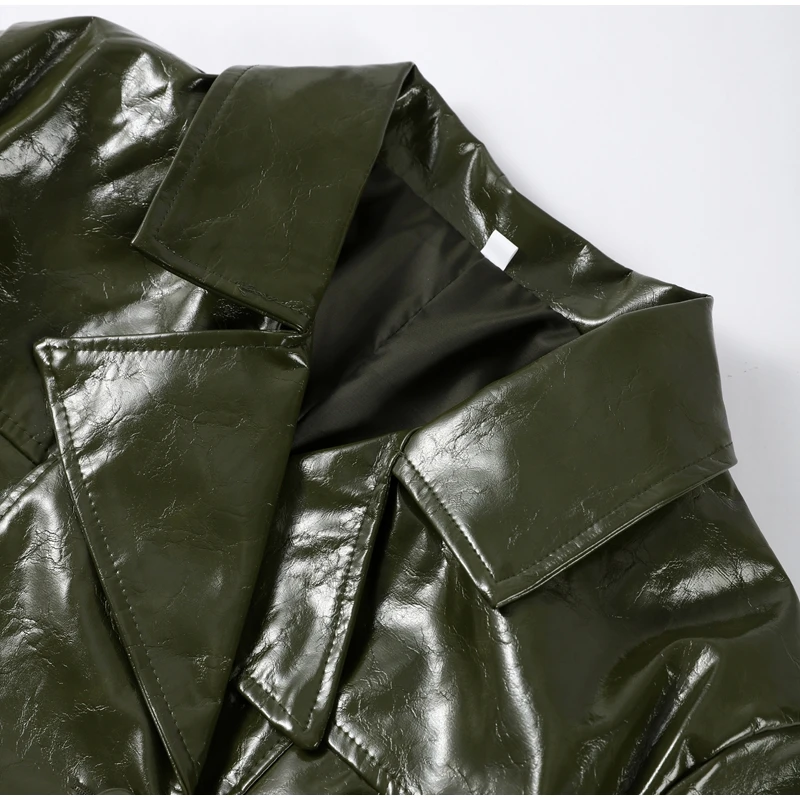 Solid PU Leather Women's Jacket Mini Skirt Set Lapel Neck Full Sleeve Double Breasted Coat Suit 2025 Autumn Stylish Edgy Outfit