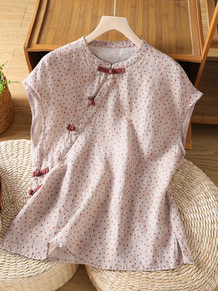 

New Chinese Style Daily Improved Polka Dot Linen Top Women Short Sleeve Zen Study Collar Button Cotton Linen Top