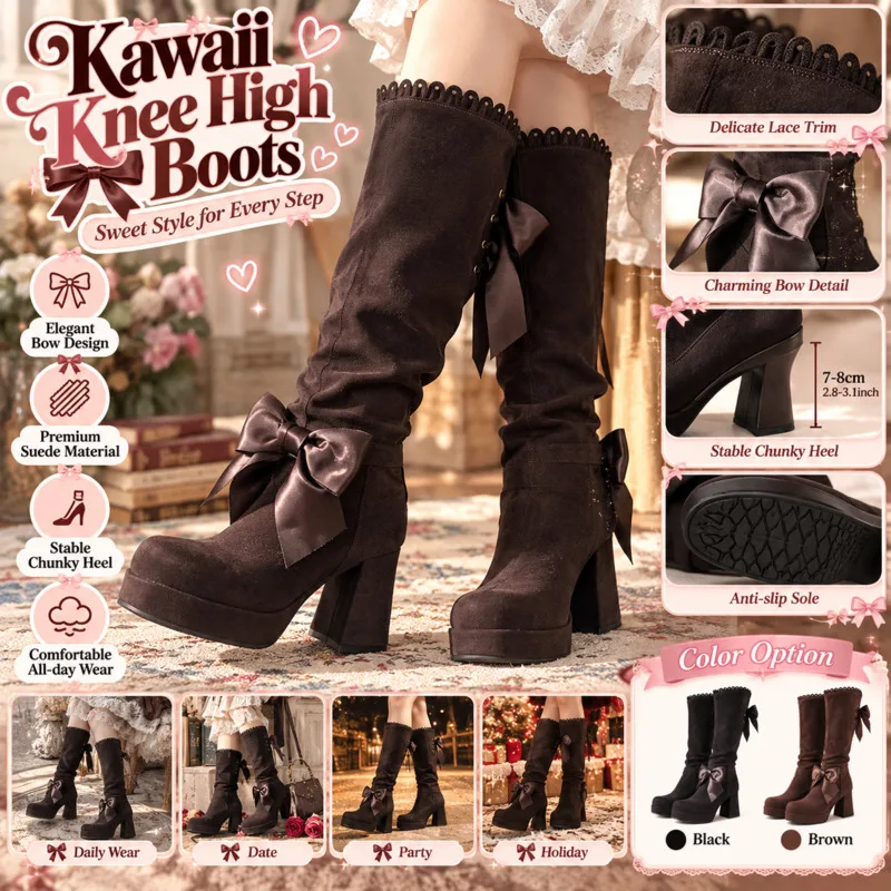 Gothic Punk Dark Brown Suede Knee High Boots Women Y2K Thick Heel Platform Lace Up Ruffle Fashion Shoes Autumn Winter Botas New