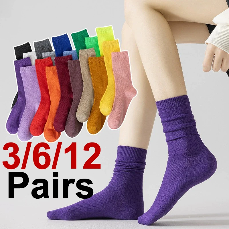 

3/6/12 Pairs Women Knitted Cotton Mid Tube Socks Fashion Striped Candy Color Comfortable Sweat Absorbing Breathable Casual Socks