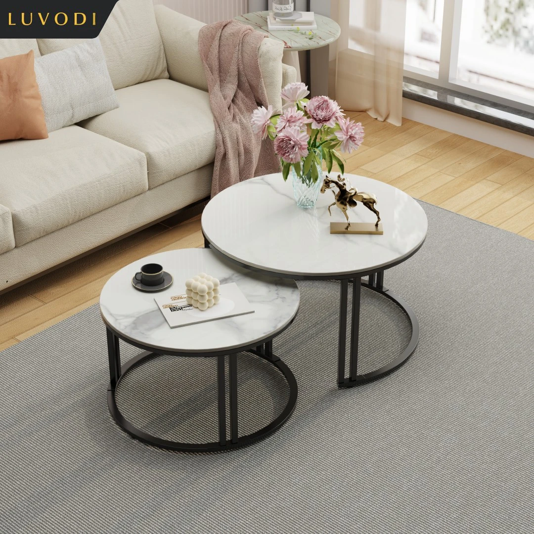 LUVODI Small Living Room Furniture Table 2 Pack Round Marble Nesting Center Coffee Table Sofa Side Tea Desk Space-saving