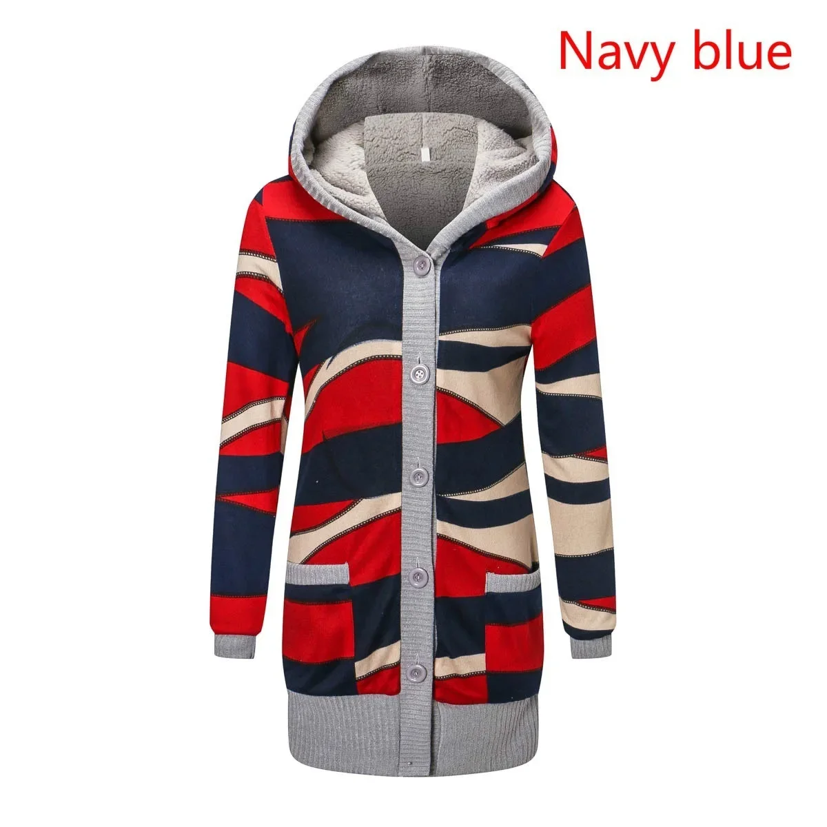 Women Cardigan Striped Print Long Sleeve Sweater Coat Buttons Closure Hooded Plush Lining Sweater Outerwear For Autumn Winter