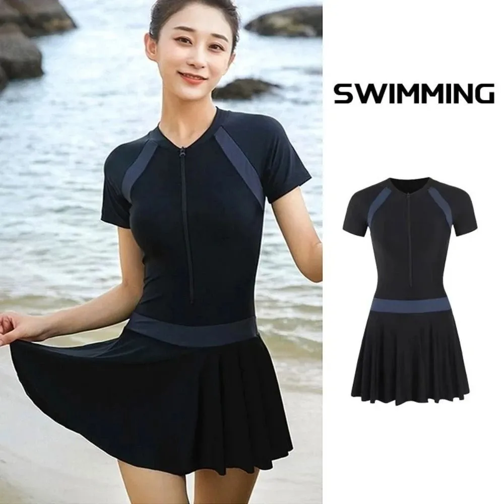 

Solid Color Long Sleeve Zipper Skirt Swimsuit with Padded Ins Hot Spring Swimwear Sporty Style Beachwear Swimming Pool Swimwear