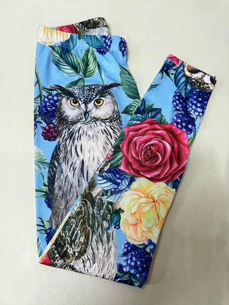 Owl & Rose print casual women\'s pants elastic elastic waist tight-fitting leggings for women everyday wear