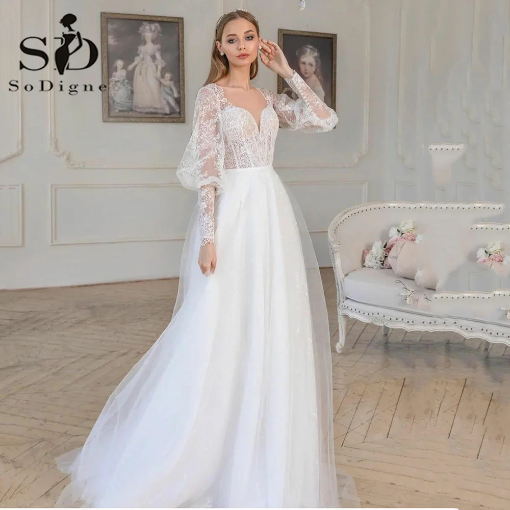 SoDigne Bohemian V-neck Gaun Pernikahan Tulle Lengan Puff Panjang Renda Applique Gaun Pengantin Dibuat Sesuai Pesanan untuk Wanita Robe De Mariage