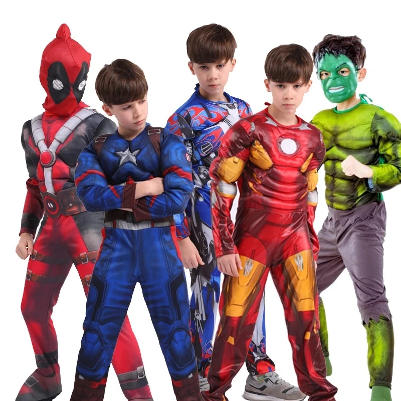 

Superhero Spider Man Captain America Iron Man Thor Hulk Batman Cosplay Costume Muscle Bodysuit Jumpsuit for Kids Halloween Party