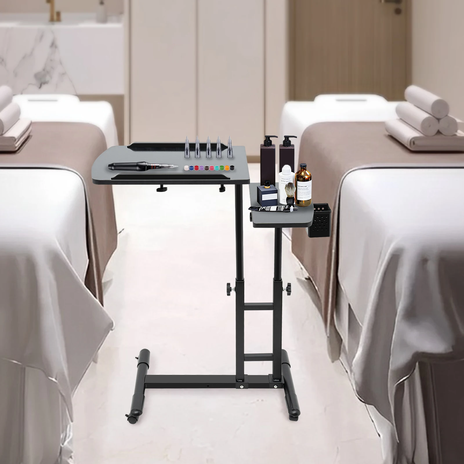 

Adjustable Height Tattoo Workbench Stand, Dual Table with Wheels & Storage for Tattoo Artists, Black Iron & Board Design