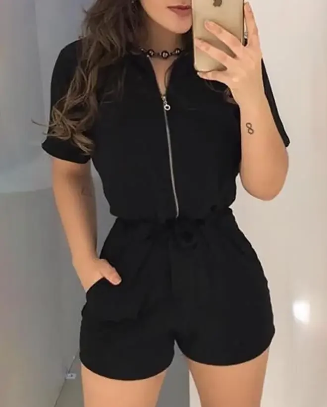 Women\'s Playsuit 2024 Summer Fashion Zipper Design Turn-Down Collar Short Sleeve Tie Details High Waist Pocket Romper Street