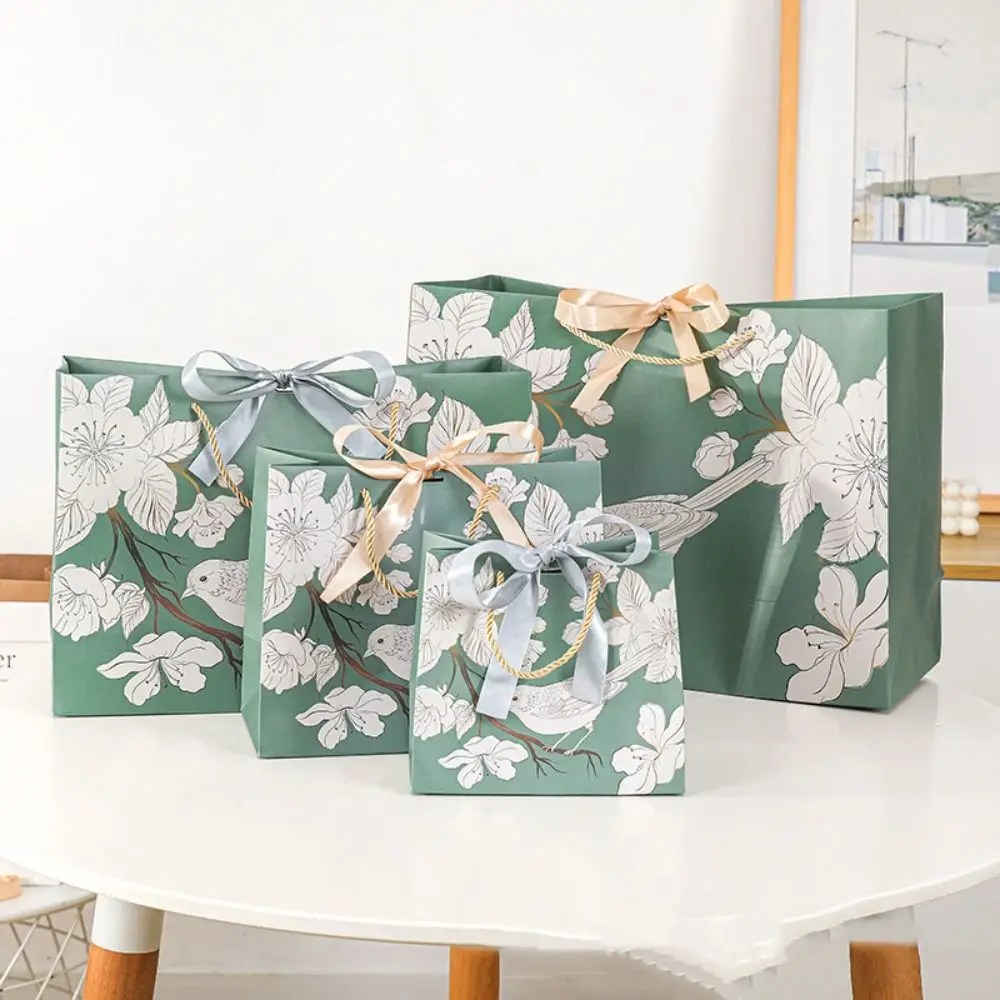 Green Handhold Paper Bag Creative Thicken Luxury Printing Floral Bird with Ribbon Wrapping Shopping Bag Gift