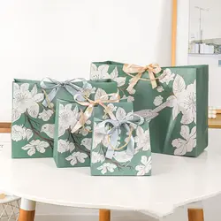 Green Handhold Paper Bag Creative Thicken Luxury Printing Floral Bird with Ribbon Wrapping Shopping Bag Gift