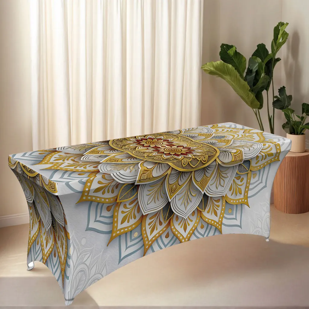 1pc All-inclusive tablecloth,Gold Mandala Lotus Stretch Table Cover,Suitable for kitchen parties