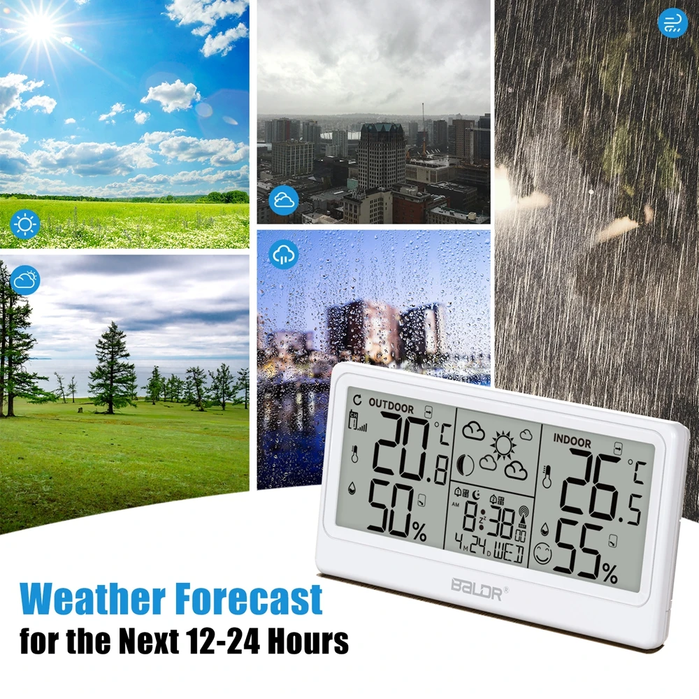 Baldr Wireless Weather Station 8.5 Inch Big Display RCC Alarm Clock Calendar Hygrometer Thermometer Moon Phases Outside Forecast