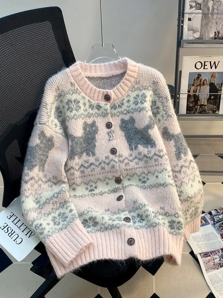 

Korejpaa жаккардовый вязаный кардиган с рисунком кота, корейский модный свитер, куртка, женское осенне-зимнее пальто, трикотаж, нежные топы