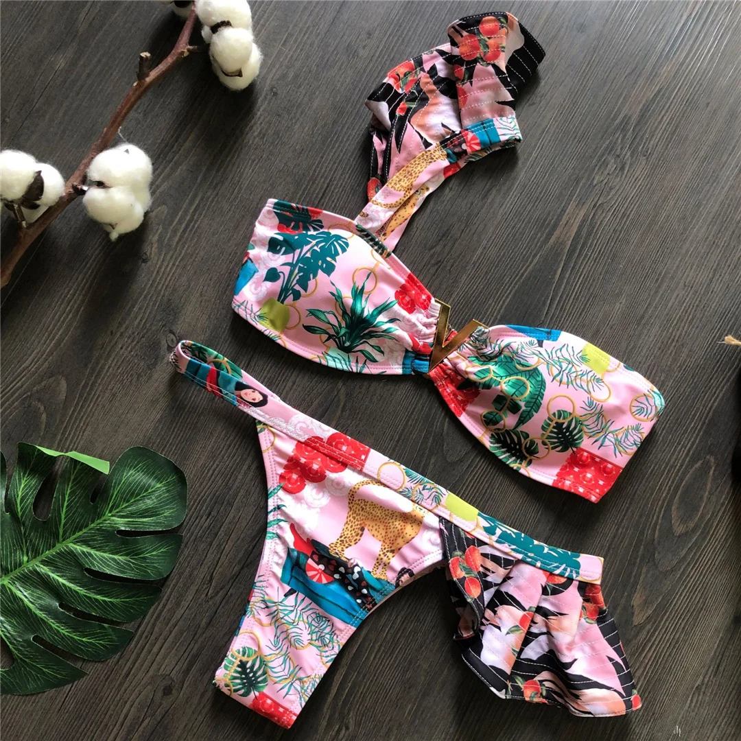 Blumenmuster, einseitiger Bikini, Damen-Badebekleidung, zweiteiliger Bikini-Set, Badeanzug mit Rüschen, Badebekleidung, Badeanzug, Modell V8049. – Detail 8
