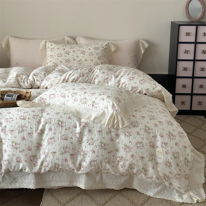 

Корейский стиль принцессы с цветочным принтом, кружевные оборки, двухслойная пряжа, комплект постельного белья из 100% хлопка, пододеяльник, простыня, наволочки