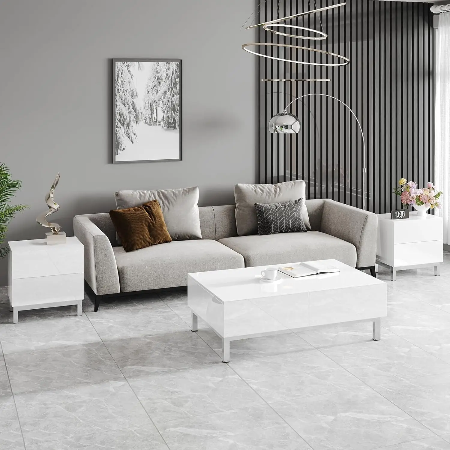 طاولة قهوة واسعة اللمعان مطلية بالكهرباء مقاس 40 بوصة مع درجين تخزين مغناطيسيين، وطاولة مركزية حديثة وبسيطة، لغرفة المعيشة