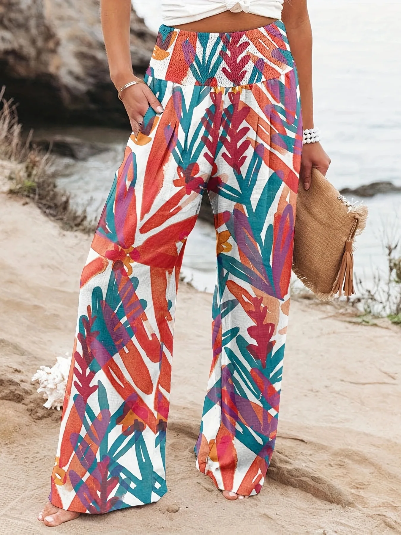 Spring/Summer New Women\'s Pants Fashionable Elastic High Waist Tie Dyed Wide Leg Pants Casual Pants